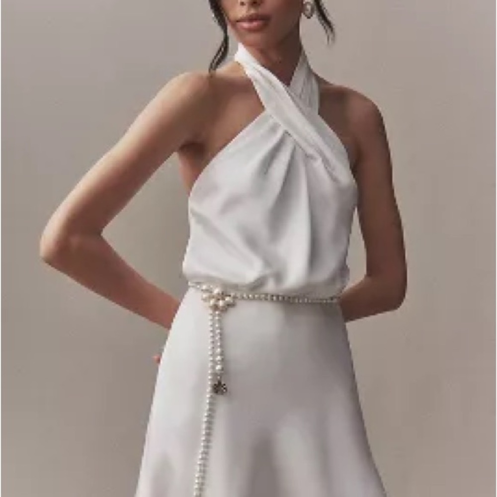 BHLDN Anthropologie Elegant White Halter Neck Satin Dress